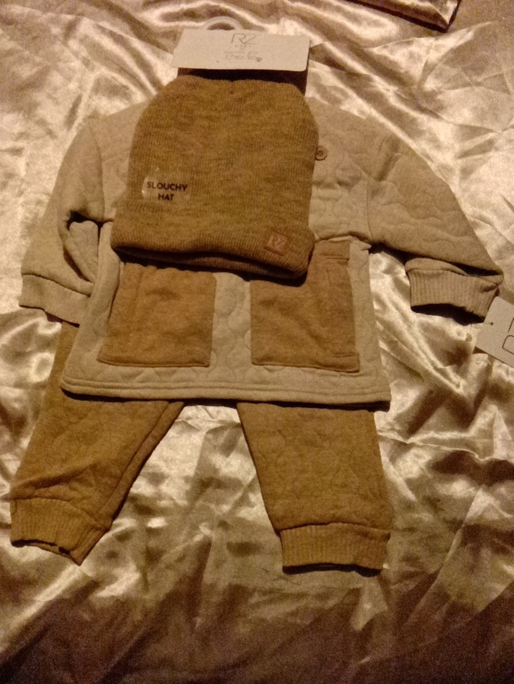 Rachel Zoe Tan Quilted Kids Matching Set with Slouchy Beanie